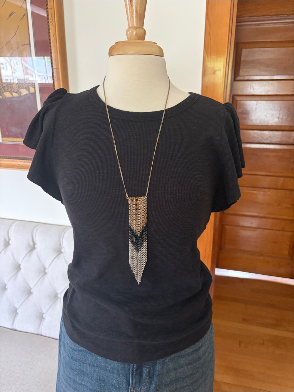 Women's Black Flutter Sleeve Short-Sleeve Top
